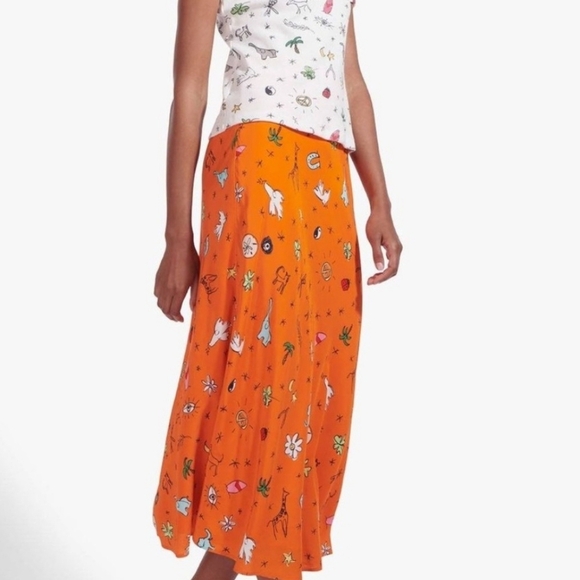 Staud Hash Good Vibes Fun Novelty print Orange Nectarine midi skirt - Picture 5 of 14